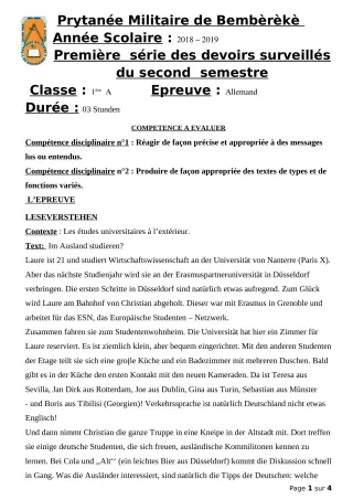 Première page de Allemand 1ère A — 1er devoir surveillé, 2e semestre (2018-2019) · PMB