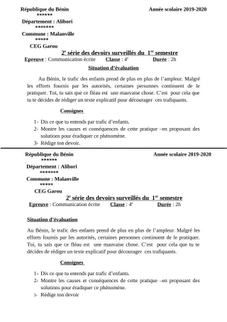 Première page de Français 4e — 2e devoir surveillé, 1er semestre (2019-2020) · CEG GAROU