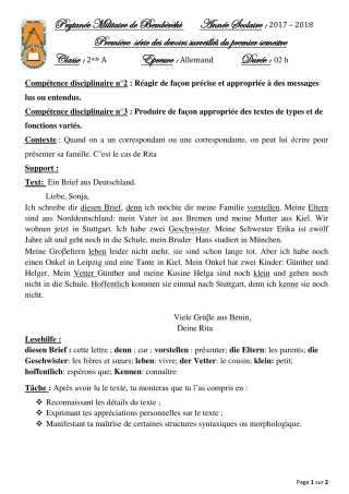 Première page de Allemand 2nde A — 1er devoir surveillé, 1er semestre (2018-2019) · PMB