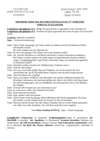 Première page de Allemand Tle A2, Tle B — 1er devoir surveillé, 2e semestre (2019-2020) · CEG du Lac