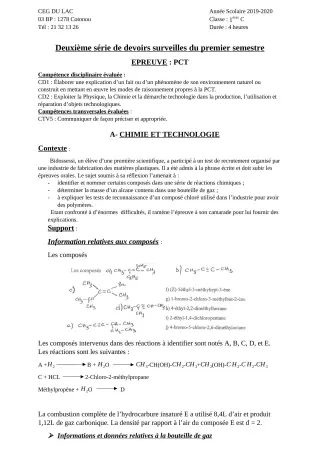 Première page de PCT 1ère C — 2e devoir surveillé, 1er semestre (2019-2020) · CEG du Lac