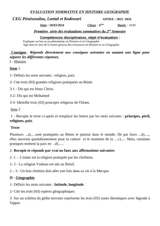 Première page de Histoire-Géographie 6e, 5e, 4e, 3e — Évaluation sommative, 2e semestre (2023-2024) · CEG PENESSOULOU