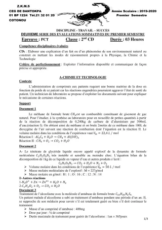 Première page de PCT 2nde C, 2nde D — 2e évaluation sommative, 1er semestre (2019-2020) · CEG Dantokpa