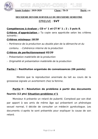 Première page de SVT Tle D — 2e devoir surveillé, 2e semestre (2019-2020) · CEG ADJOVICODJI 'LES OLIVIERS'