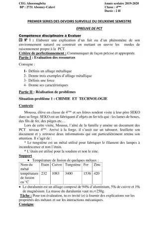 Première page de PCT 4e — 1er devoir surveillé, 2e semestre (2019-2020) · CEG Ahossougbéta