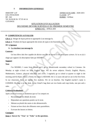 Première page de Anglais 6e — 2e devoir surveillé, 1er semestre (2020-2021) · CEG FIYEGNON