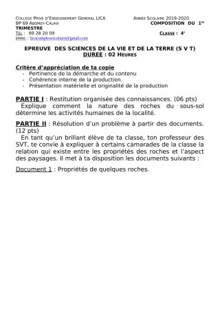Première page de SVT 4e, 4e ML — Composition, 1er trimestre (2019-2020) · CPEG LICA