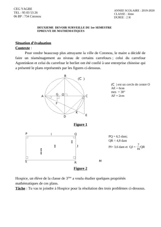 Première page de Mathématiques 3e — 2e devoir surveillé, 1er semestre (2019-2020) · CEG Yagbe