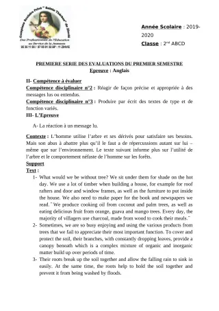 Première page de Anglais 3e, 3e ML — 1re évaluation sommative, 1er semestre (2019-2020) · CPEG Ste Thérèse de Zinvié