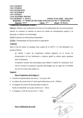 Première page de PCT 3e — 1er devoir surveillé, 1er semestre (2018-2019) · CEG Banikanni