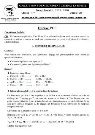 Première page de PCT 4e — 1re évaluation sommative, 2e trimestre (2019-2020) · CPEG La Finesse