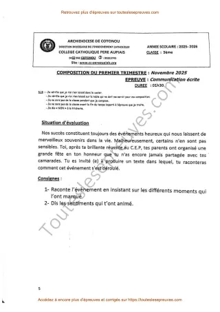 Première page de Communication écrite 5ème – Composition du 1er trimestre 2025-2026 – Sexualité précoce, causes, conséquences et prévention – Collège Catholique Père Aupiais