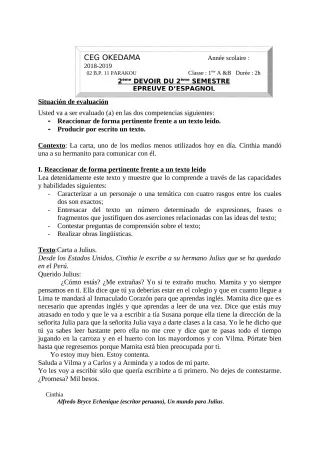 Première page de Espagnol 1ère A1, 1ère A2, 1ère B — 2e devoir surveillé, 2e semestre (2018-2019) · CEG OKEDAMA
