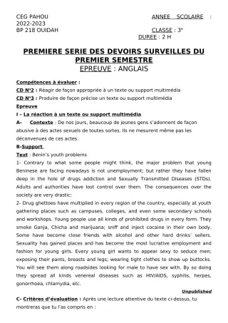 Première page de Anglais 3e — 1er devoir surveillé, 1er semestre (2022-2023) · CEG PAHOU