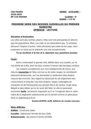 Première page de Français 6e — 1er devoir surveillé, 1er semestre (2018-2019) · CEG PAHOU