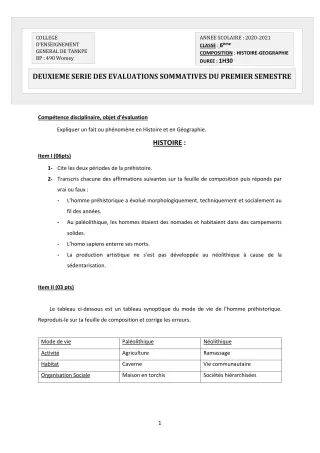 Première page de Histoire-Géographie 6e, 5e, 4e, 3e, 3e ML, 2nde A2, 2nde B, 2nde C, 2nde D, 1ère A2, 1ère B, 1ère C, 1ère D, Tle A1, Tle A2, Tle B, Tle C, Tle D — 2e évaluation sommative, 1er semestre (2020-2021) · C
