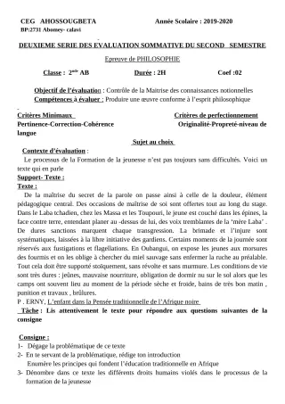 Première page de Philosophie 2nde A & B — 2e évaluation sommative, 2e semestre (2019-2020) · CEG Ahossougbéta