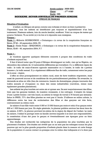 Première page de Français 1ère A2, 1ère D — 2e devoir surveillé (2020-2021) · CEG SEKERE