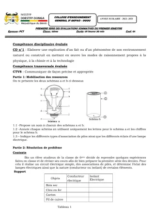 Première page de PCT 6e — 1re évaluation sommative, 1er semestre (2022-2023) · CEG Akpao-Ogou