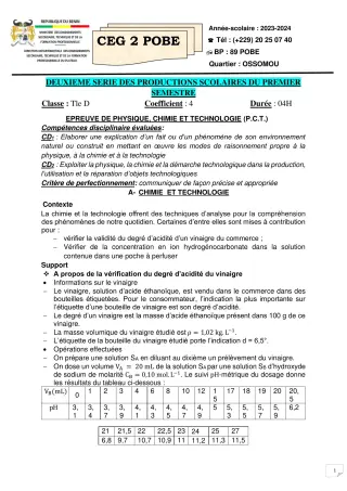 Première page de PCT Tle D — 2e production scolaire, 1er semestre (2023-2024) · CEG 2 Pobè