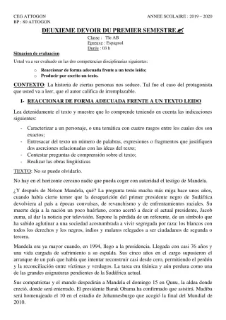 Première page de Espagnol Tle A & B, Tle A1, Tle A2, Tle B — 2e devoir surveillé, 1er semestre (2019-2020) · CEG Attogon
