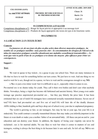 Première page de Anglais 3e, 3e ML — 1er devoir surveillé, 1er semestre (2019-2020) · Ceg OUESSE