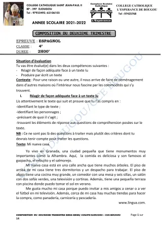 Première page de Français 6e, 5e, 4e, 3e, 3e ML, 2nde A2, 2nde C, 1ère A1, 1ère A2, 1ère C, 1ère D, Tle A2, Tle C, Tle D — 2e composition, 2e trimestre (2021-2022) · CCJPII DJOUGOU