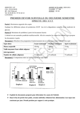 Première page de SVT 1ère A2, 1ère B — 1er devoir surveillé, 2e semestre (2020-2021) · CEG FIYEGNON