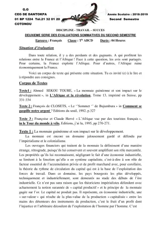Première page de Français Tle A1, Tle A2, Tle B, Tle C, Tle D — 2e évaluation sommative, 2e semestre (2019-2020) · CEG Dantokpa