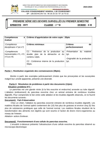 Première page de SVT 2nde A1, 2nde A2, 2nde C, 2nde D — 1er devoir surveillé, 1er semestre (2023-2024) · CEG 1 ZOGBODOMEY