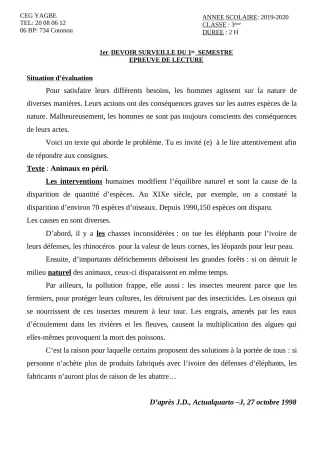 Première page de Français 3e — 1er devoir surveillé, 1er semestre (2019-2020) · CEG Yagbe