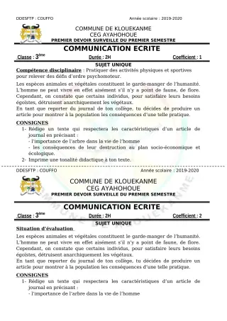Première page de Français 6e, 5e, 4e ML, 4e ML&MC, 3e, 3e ML — 1er devoir surveillé, 1er semestre (2019-2020) · CEG AYAHOHOUE