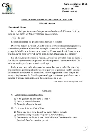 Première page de Français 4e, 4e ML — 1er devoir surveillé, 1er trimestre (2019-2020) · CPEG ROSAIRE