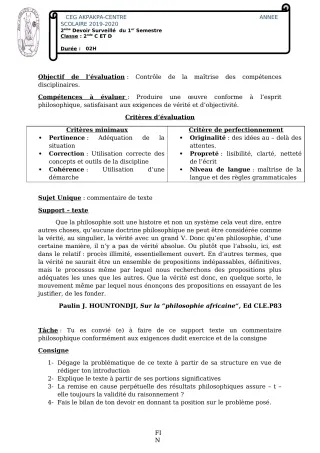 Première page de Philosophie 2nde C, 2nde D — 2e devoir surveillé, 1er semestre (2019-2020) · CEG 1 Akpakpa-Centre