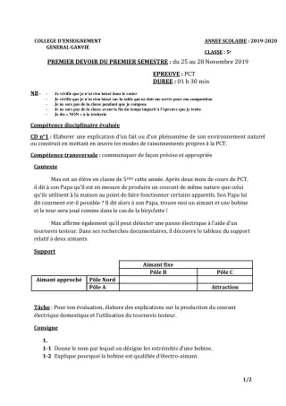 Première page de PCT 5e — Composition, 1er semestre (2019-2020) · CEG Ganvié