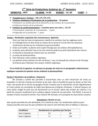 Première page de SVT 5e — 1re production scolaire, 1er semestre (2022-2023) · CEG GOHO