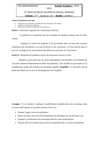 Première page de SVT 5e — 1er devoir surveillé, 2e semestre (2018-2019) · CEG BAKA