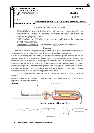 Première page de PCT 5e — 1er devoir surveillé, 1er semestre (2019-2020) · Ceg OUESSE