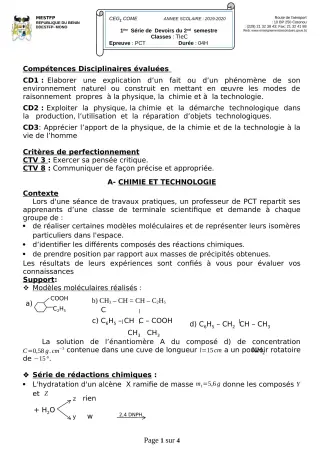 Première page de PCT Tle C — 1er devoir surveillé, 2e semestre (2019-2020) · CEG 1 Comè