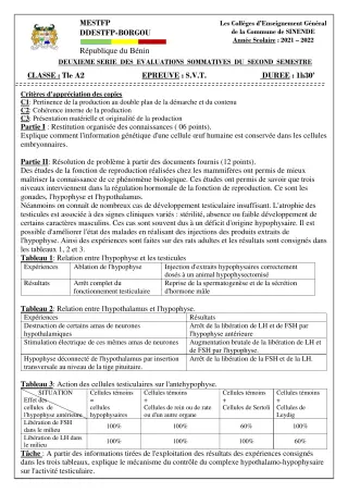 Première page de SVT Tle A2 — 2e évaluation sommative, 2e semestre (2021-2022) · CEG SEKERE