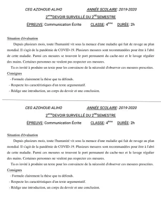 Première page de Français 4e ML&MC — 2e devoir surveillé, 2e semestre (2019-2020) · CEG AZOHOUE-ALIHO