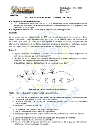Première page de PCT 6e — 2e devoir surveillé, 1er trimestre (2019-2020) · CPEG LE PHARAON
