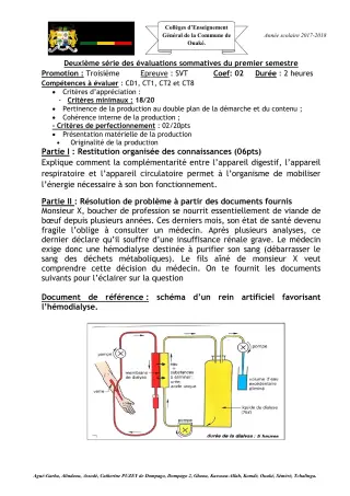 Première page de SVT 3e, 3e ML — 2e évaluation sommative, 1er semestre (2017-2018) · CEG C.P de Dompago