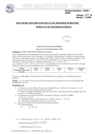 Première page de Mathématiques 2nde D — 2e devoir surveillé, 1er semestre (2019-2020) · CEG ADJOVICODJI 'LES OLIVIERS'