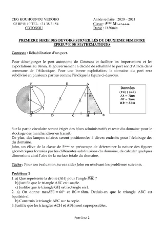 Première page de Mathématiques 5e — 1er devoir surveillé, 2e semestre (2020-2021) · CEG Kouhounou-Vêdoko