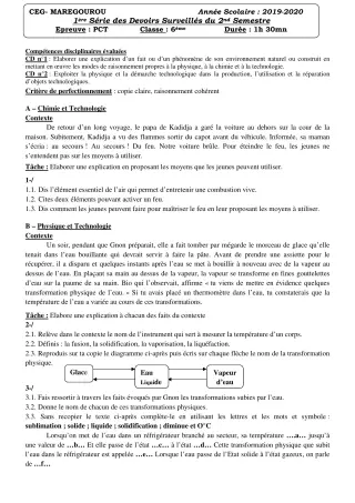 Première page de PCT 6e — 1er devoir surveillé, 2e semestre (2019-2020) · CEG MAREGOUROU