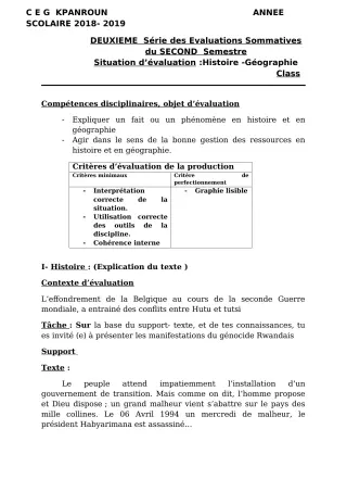 Première page de Histoire-Géographie 4e — 2e évaluation sommative, 2e semestre (2018-2019) · CEG Kpanroun