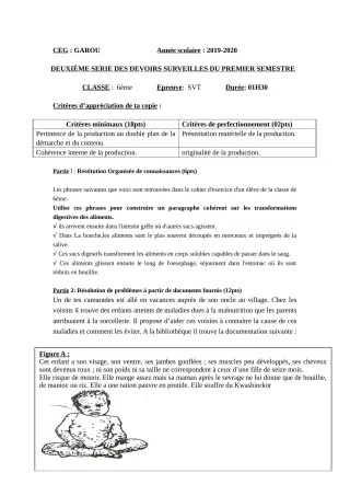 Première page de SVT 6e — 2e devoir surveillé, 1er semestre (2019-2020) · CEG GAROU