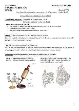 Première page de SVT 2nde A1, 2nde A2, 2nde B — Évaluation sommative, 1er semestre (2020-2021) · CEG LE NOKOUE