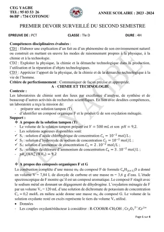 Première page de PCT Tle D — 1er devoir surveillé, 2e semestre (2023-2024) · CEG Yagbe